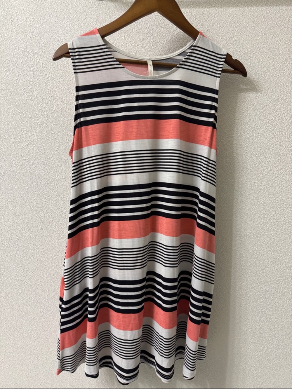 42Pops Sleeveless Coral, Black & White Striped Mini Dress